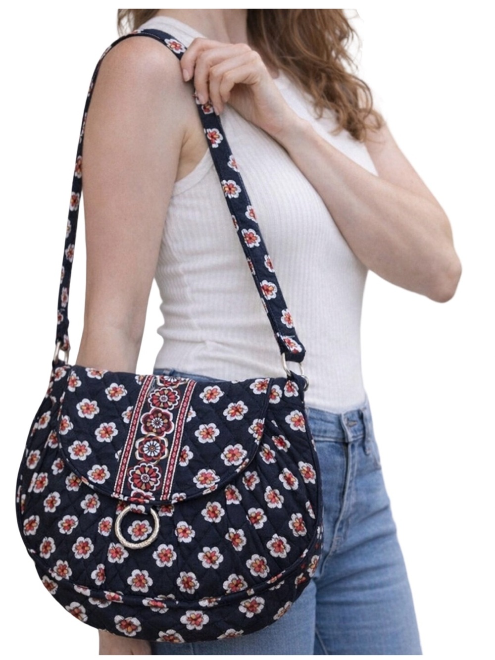 Vera Bradley Quilted Floral Shoulder Bag Black Pink Red Pattern